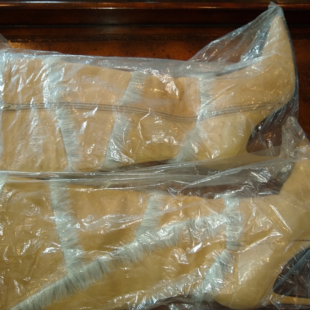Fur trim Suede Tan High Heel Boots